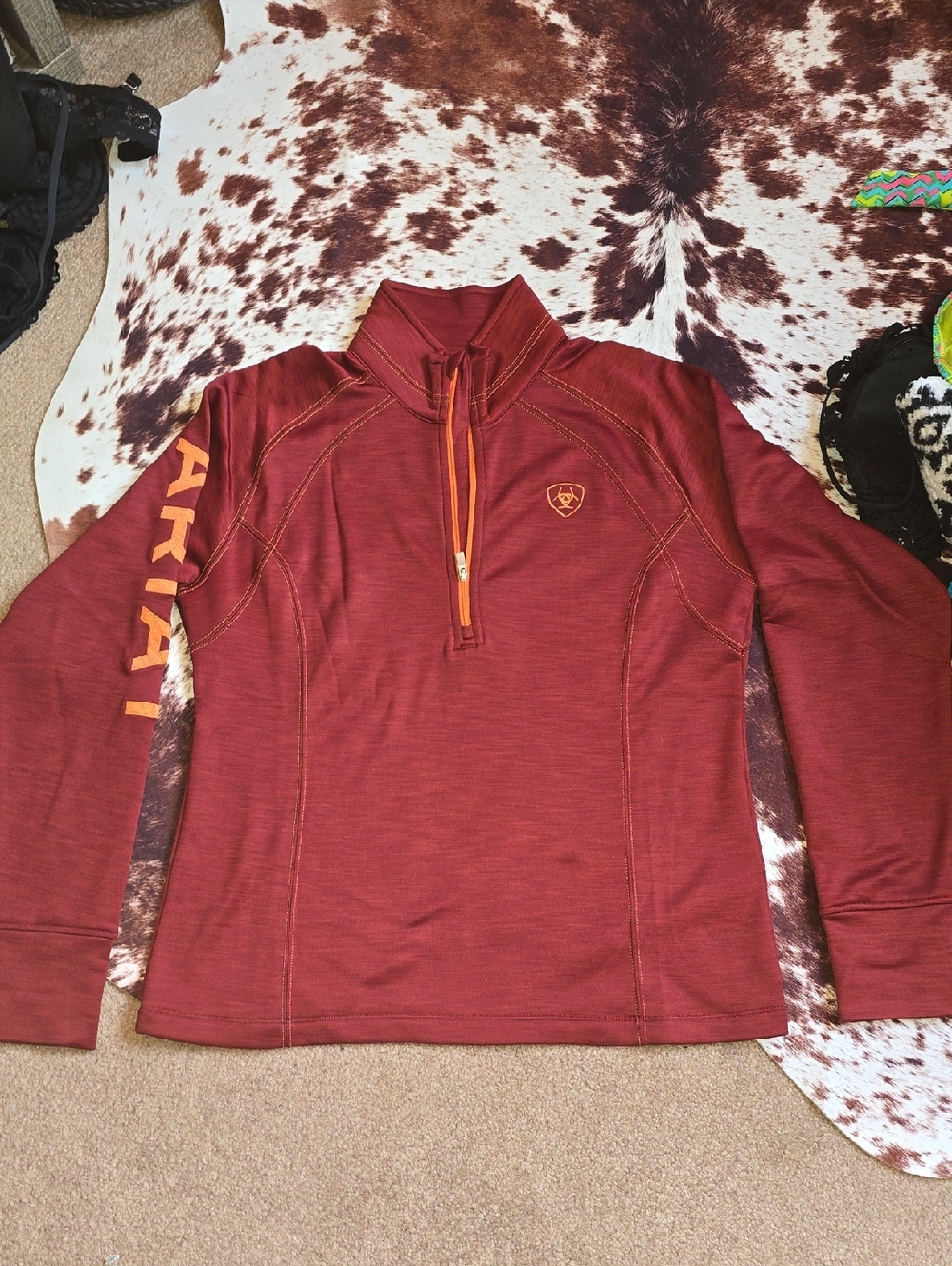 Ariat Burgundy Quarter-Zip Pullover with Orange Accents